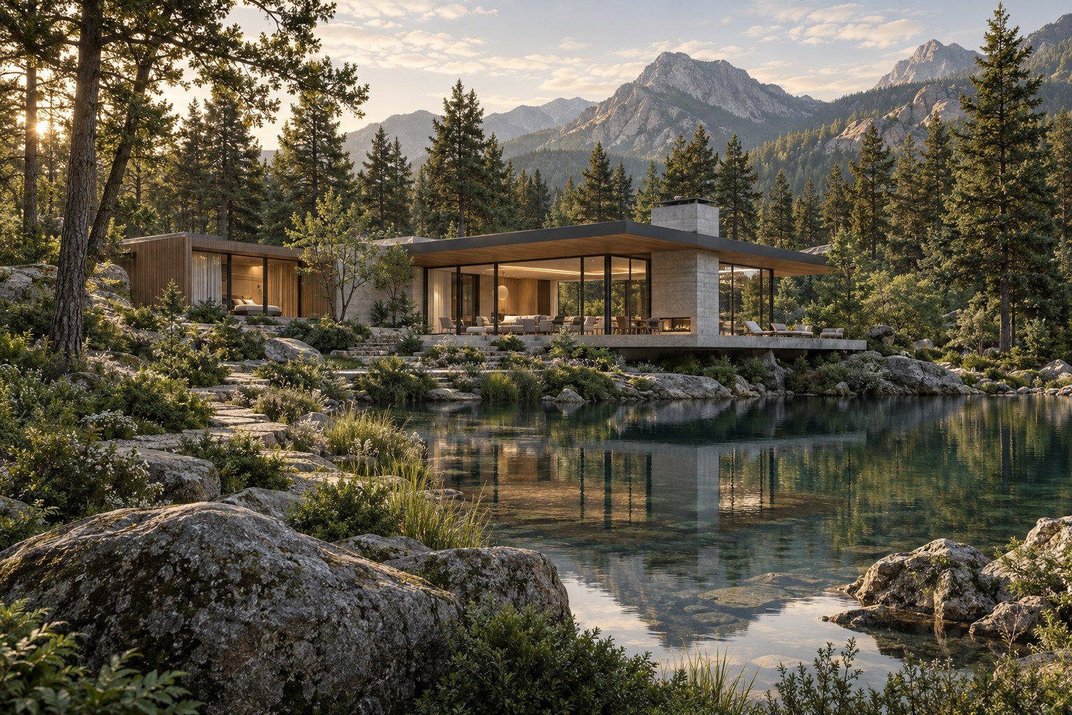 Glass and timber building beside a natural pool in a pine forest