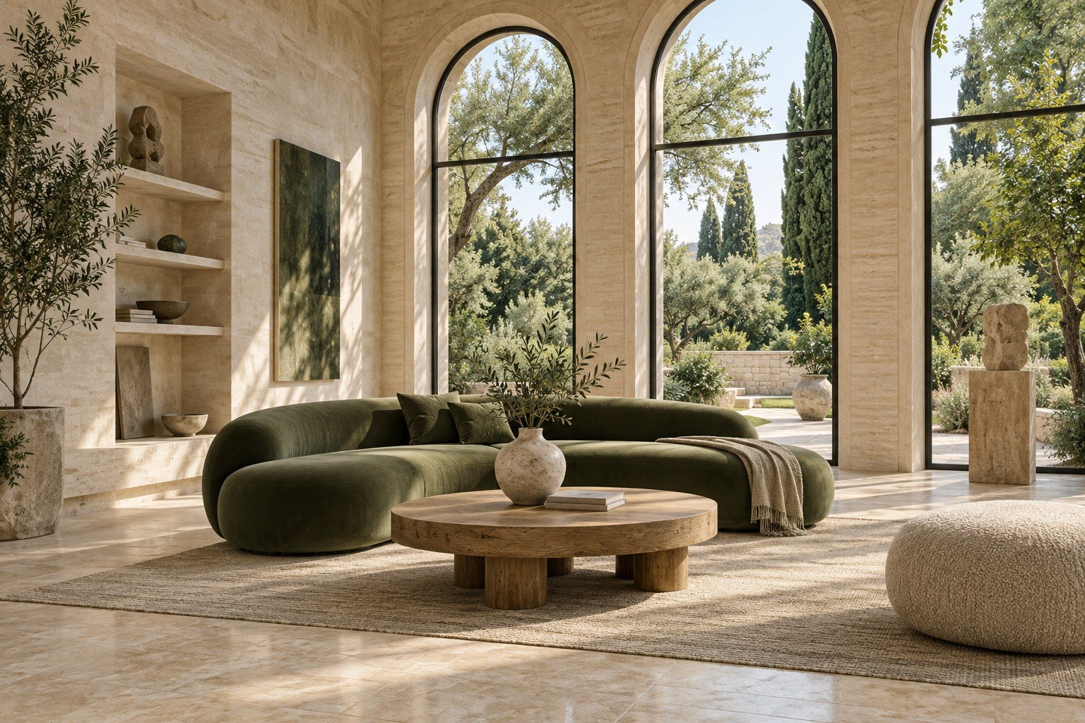 Sunlit travertine interior with arched windows and a green sofa