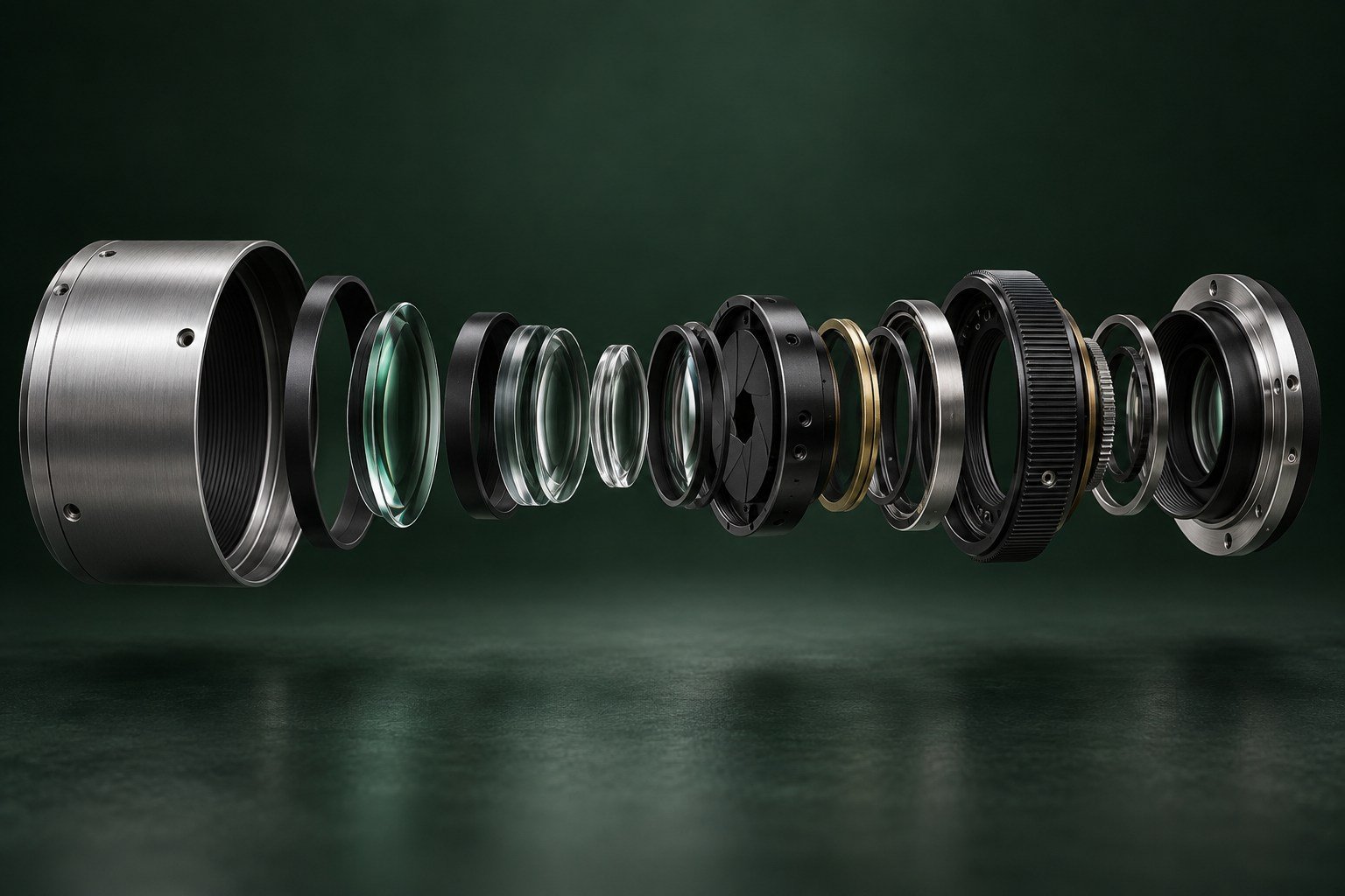 Exploded camera lens showing its optical components