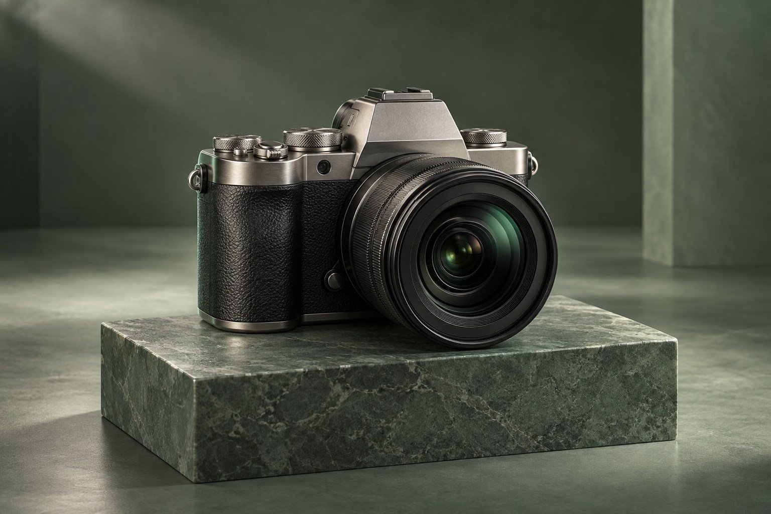 Detailed titanium camera in a green studio