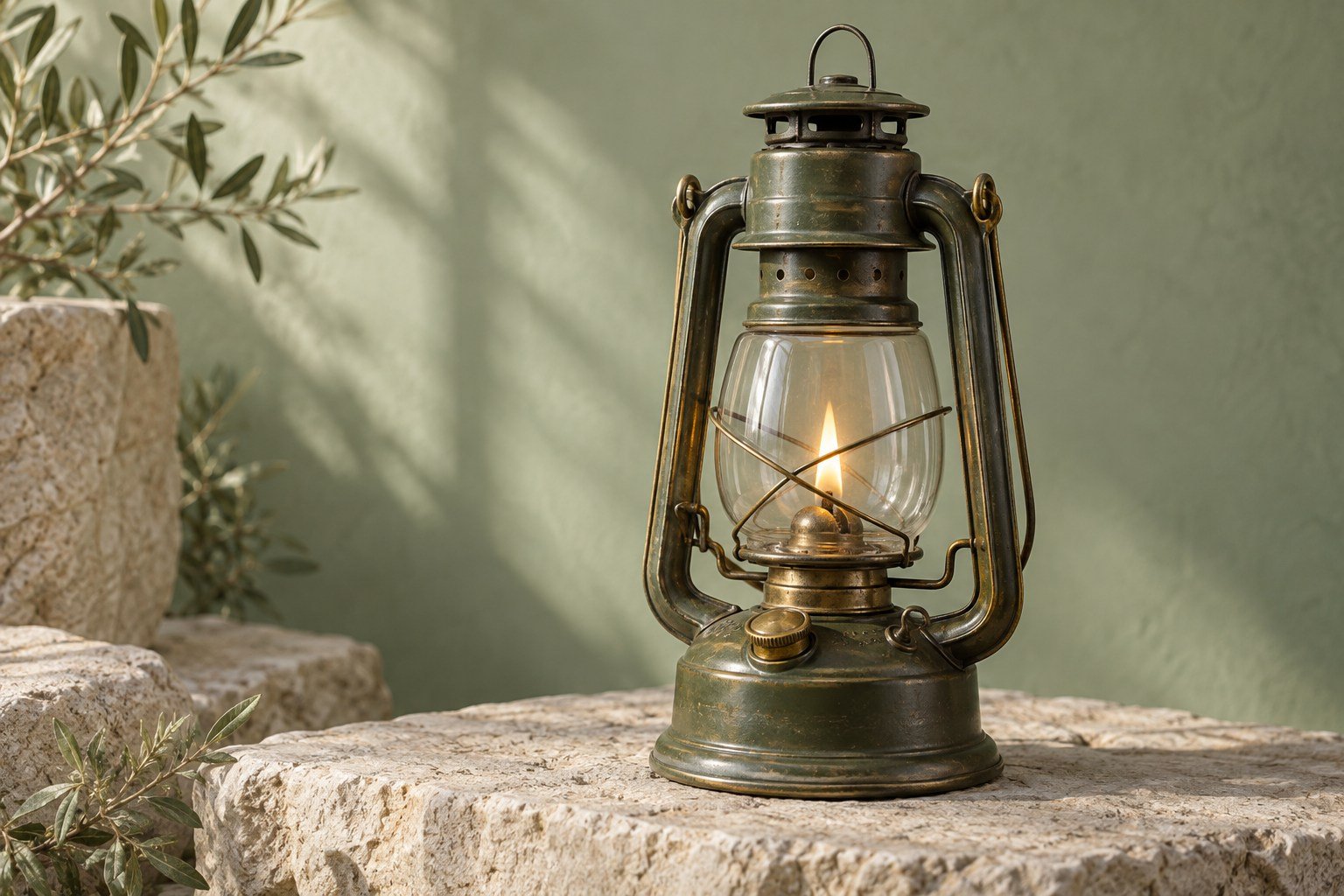 Lit oil lamp made of glass and aged metal